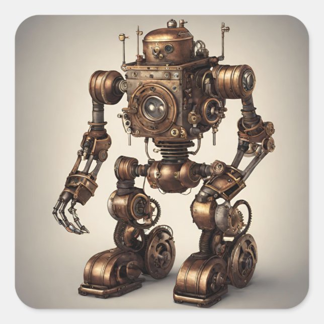Pegatina Cuadrada Escultura de Robot Steampunk de bronce (Anverso)