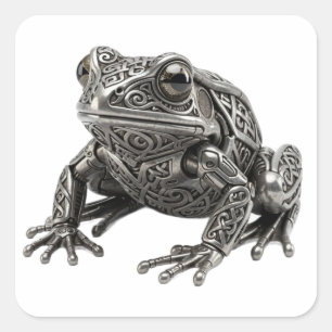 Pegatina Cuadrada Escultura Mecánica Intrincada de Rana de Plata Cel