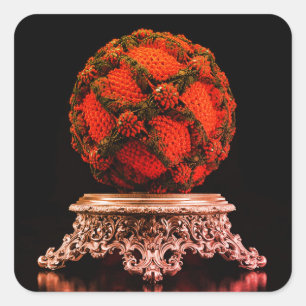 Pegatina Cuadrada Esfera de Mandelbrot roja y negra sobre pedestal d