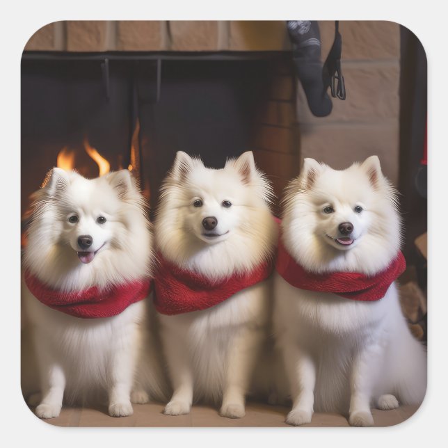 Pegatina Cuadrada Eskimo Americano junto a la Chimenea Navidad (Anverso)