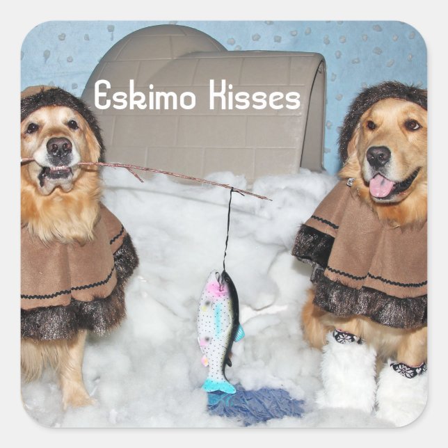 Pegatina Cuadrada Eskimos del Golden Retriever de Igloo (Anverso)