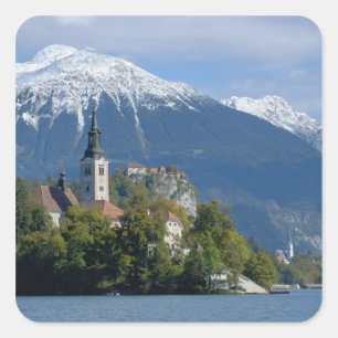 Pegatina Cuadrada Eslovenia, Bled, Lago Bled, Isla Bled, Bled