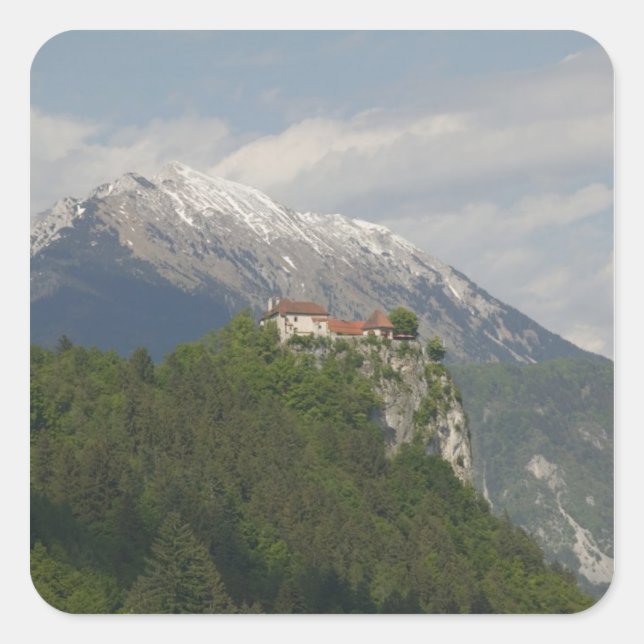Pegatina Cuadrada ESLOVENIA, GORENJSKA, Bled: Castillo de Bled & 2 (Anverso)