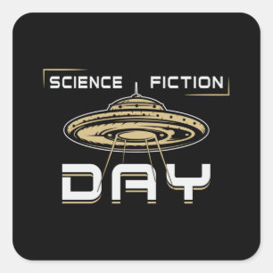 Pegatina Cuadrada Espacio en el Día de la Ciencia Ficción Mantener e