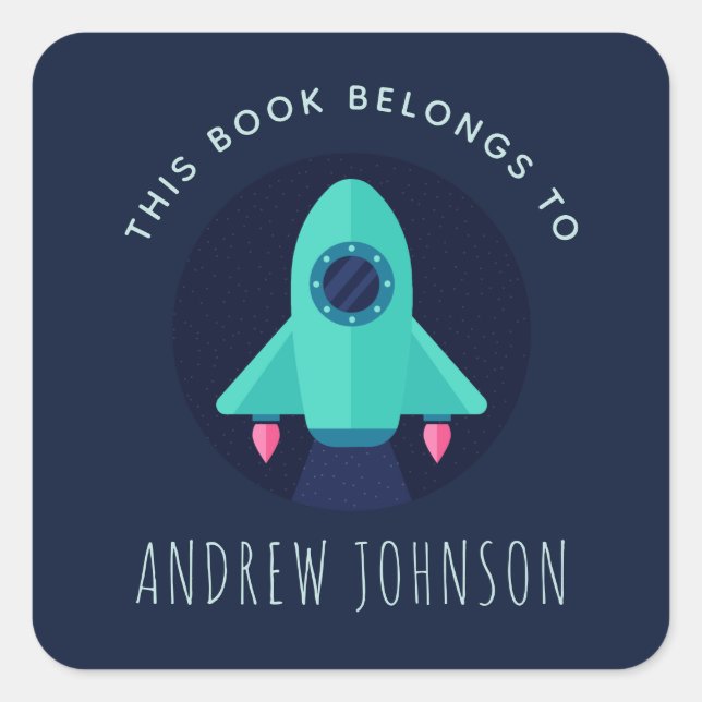 Pegatina Cuadrada Espacio espacial de cohete verde Tema Boys Bookpla (Anverso)