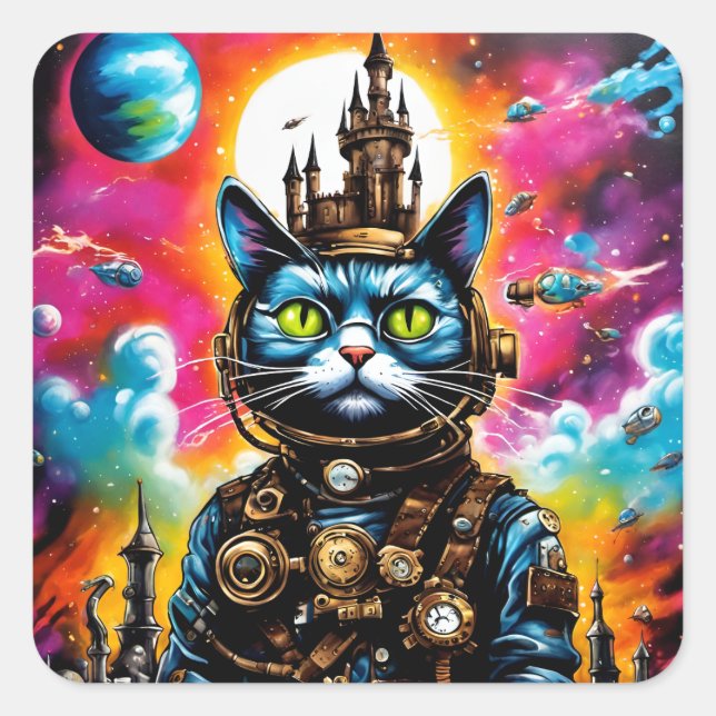 Pegatina Cuadrada Espacio Steampunk Cat II (Anverso)