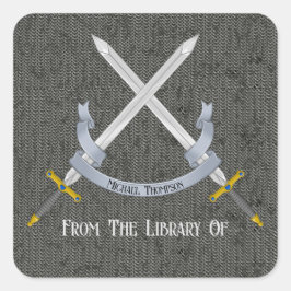 Pegatina Cuadrada Espada y chainmail de la biblioteca de