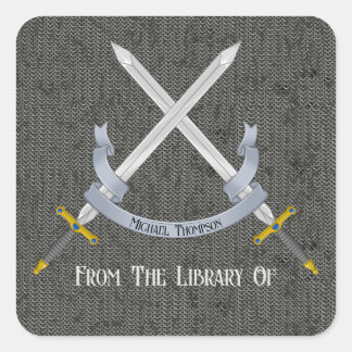 Pegatina Cuadrada Espada y chainmail de la biblioteca de