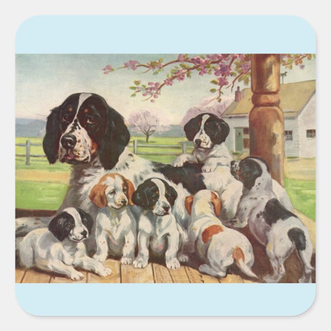 Pegatina Cuadrada espaniel espaniel madre y cachorros (Anverso)
