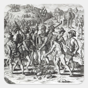 Pegatina Cuadrada Españoles recibiendo regalos de indios