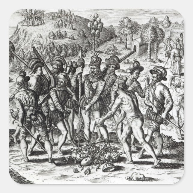 Pegatina Cuadrada Españoles recibiendo regalos de indios (Anverso)