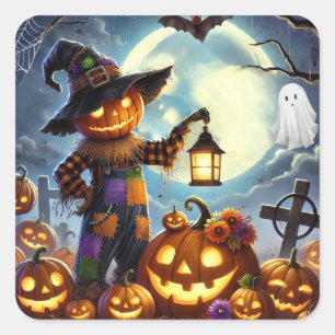 Pegatina Cuadrada Espantapájaros y calabazas de Halloween