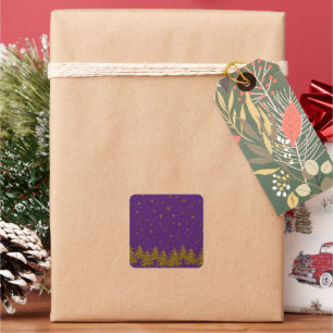 Pegatina Cuadrada Espantoso árbol de Navidad dorado, estrellas, niev