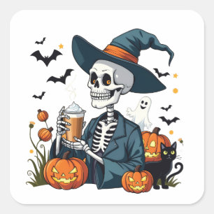 Pegatina Cuadrada Espectacular esqueleto de Halloween Sippin Spkin