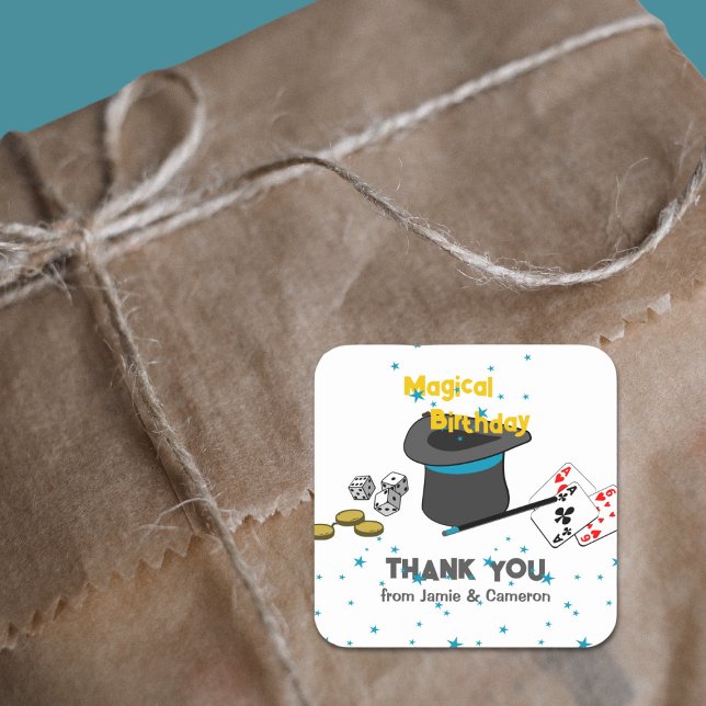 Pegatina Cuadrada Espectáculo de Magia Agradecimiento de Cumpleaños  (Magic Show Joint Birthday Thank You from Names Square Sticker, Black-White, Blue, Custom Text, Color)