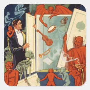 Pegatina Cuadrada Espectáculo de magia del mago vintage Carter el Gr