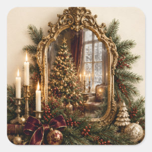 Pegatina Cuadrada Espejo Antiguo Navideño Elegante, Europeo Vintage