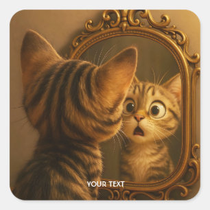 Pegatina Cuadrada Espejo de gato sorprendido de fantasía lindo