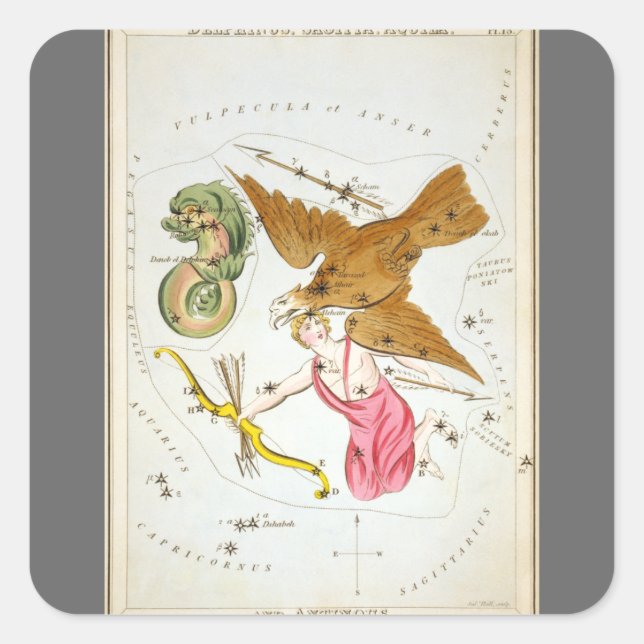 Pegatina Cuadrada Espejo de Urania, Mapa Celeste de Astronomía Antig (Anverso)