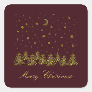 Pegatina Cuadrada Espeluznante árbol de Navidad dorado, luna, estrel