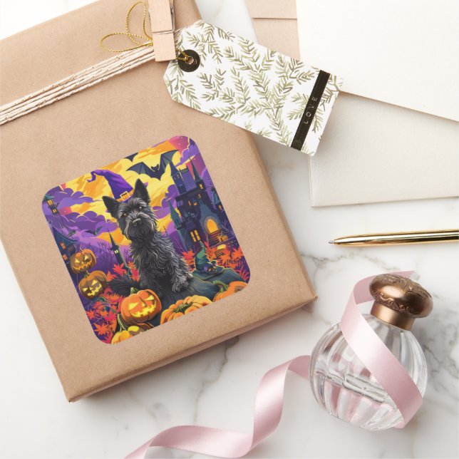 Pegatina Cuadrada Espeluznante calabaza de bruja de Halloween (Regalar)