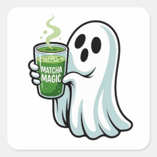 Pegatina Cuadrada Espeluznante Fantasma Bebiendo Matcha
