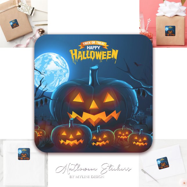 Pegatina Cuadrada Espeluznantes Bats Full Moon Happy Halloween (Subido por el creador)