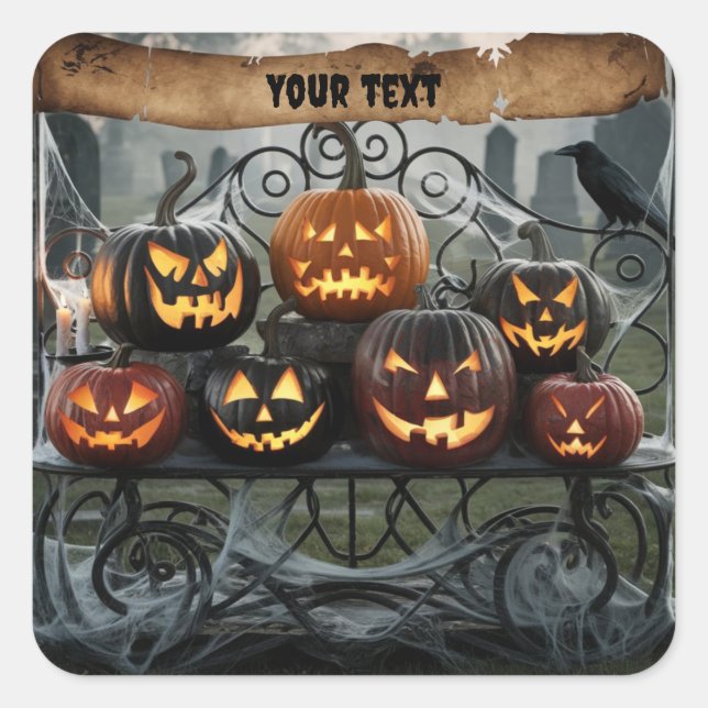 Pegatina Cuadrada Espeluznantes Linternas de Halloween con Spiderweb (Anverso)