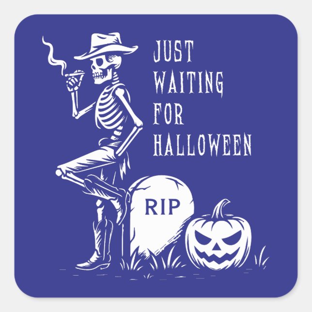 Pegatina Cuadrada Esperando el esqueleto de Cowboy de Halloween (Anverso)