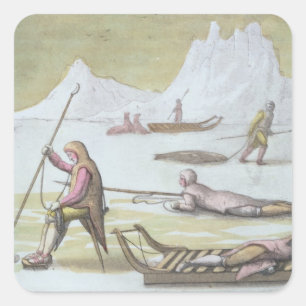 Pegatina Cuadrada Esperando el hielo, detalles de Seal Hunting (colo