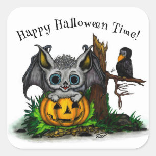 Pegatina Cuadrada Esperando Halloween , Cute Bat y Raven