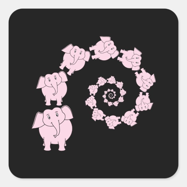 Pegatina Cuadrada Espiral de elefantes rosados. (Anverso)