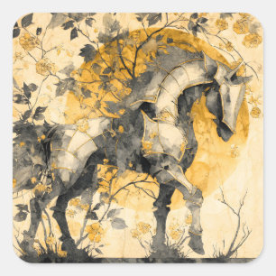 Pegatina Cuadrada Espíritu Botánico Vintage Caballo Blanco Flores Vi