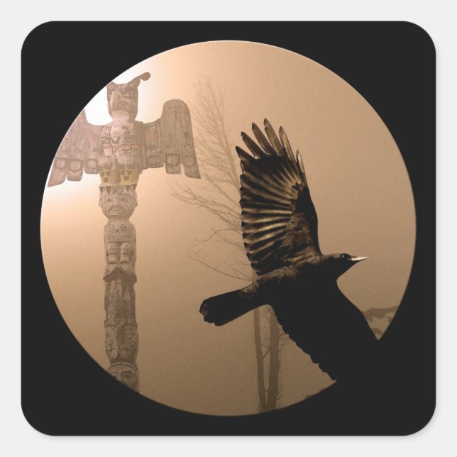 Pegatina Cuadrada Espíritu de cuervo volador y arte sagrado del tóte (Anverso)