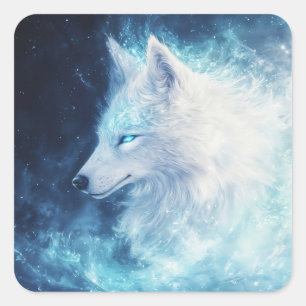 Pegatina Cuadrada Espíritu de Lobo con Ojos Brillantes en la Nebulos