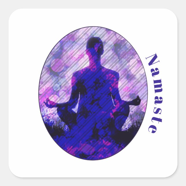 Pegatina Cuadrada Espiritual Morado Sitting Yoga Pose Namaste (Anverso)