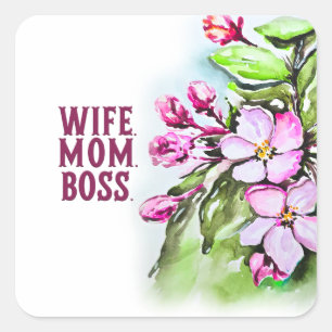 Pegatina Cuadrada Esposa Mamá Jefe, Flores Rosa
