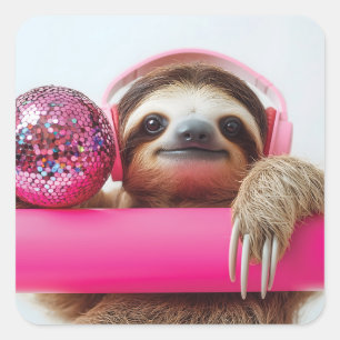 Pegatina Cuadrada Espuma divertida con audífonos rosados y bola disc