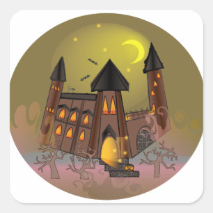 Pegatina Cuadrada Espumosa casa de brujas de Halloween y castillo de