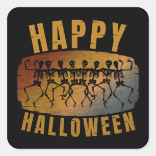 PEGATINA CUADRADA ESQUELETO BAILANDO FELIZ HALLOWEEN