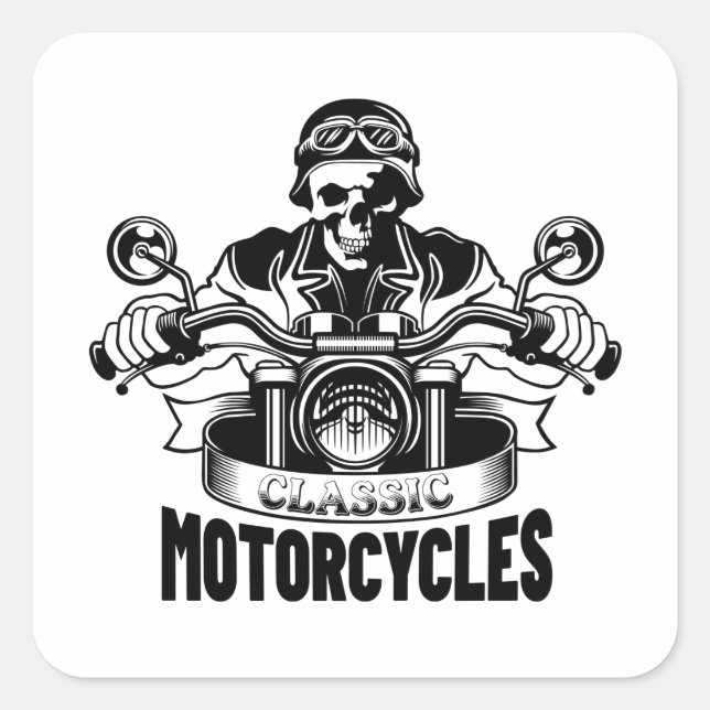 Pegatina Cuadrada Esqueleto clásico de motocicleta (Anverso)