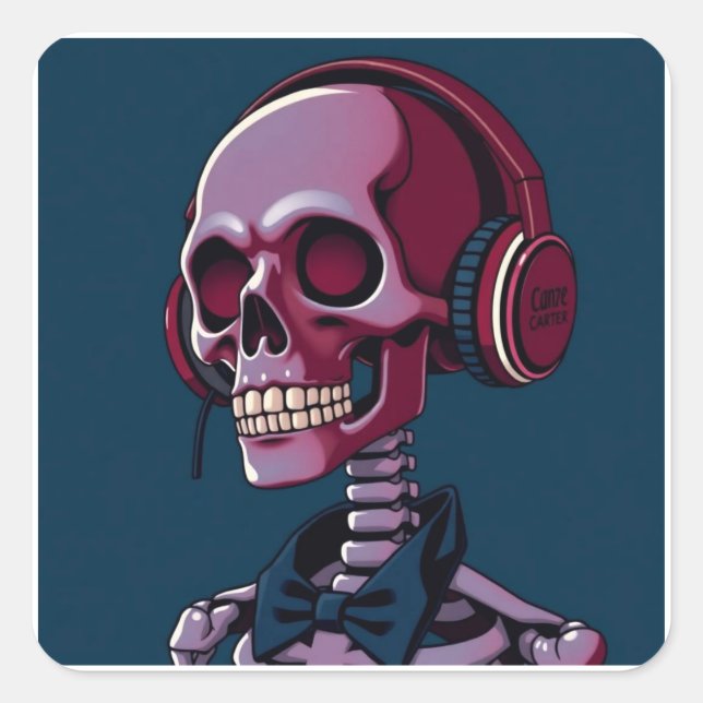 Pegatina Cuadrada Esqueleto con auriculares (Anverso)