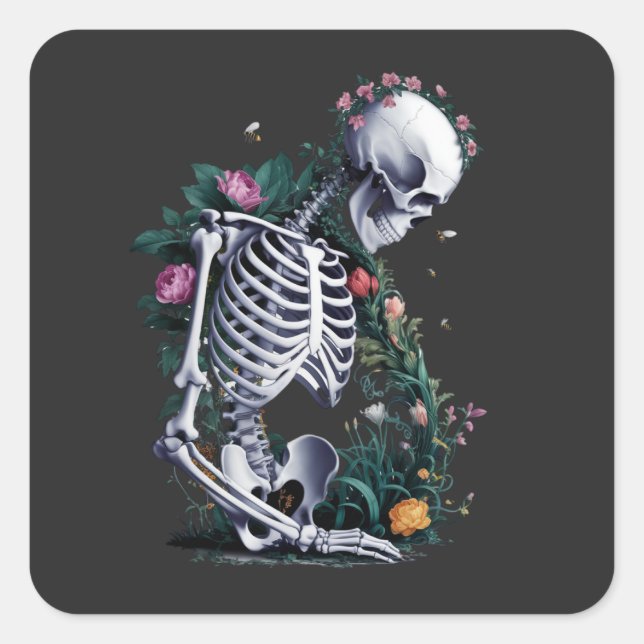 Pegatina Cuadrada Esqueleto con flores y abejas - Vida y muerte (Anverso)