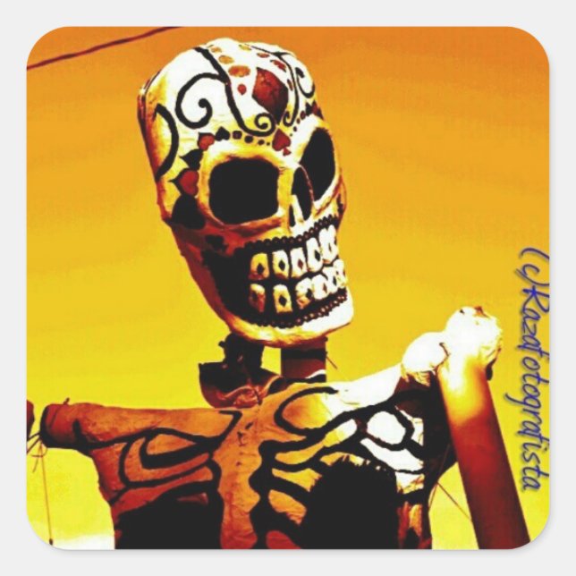 Pegatina Cuadrada Esqueleto con fuego (Anverso)