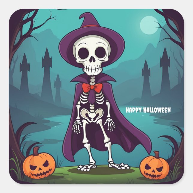 Pegatina Cuadrada Esqueleto de Halloween (Anverso)