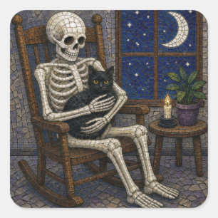Pegatina Cuadrada Esqueleto de Halloween en mosaico y gato negro
