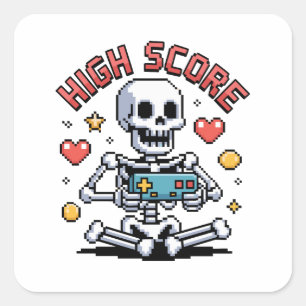 Pegatina Cuadrada Esqueleto de Halloween Jugador de Videojuegos Pixe