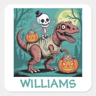 Pegatina Cuadrada Esqueleto de Halloween Personalizado Montando Dino