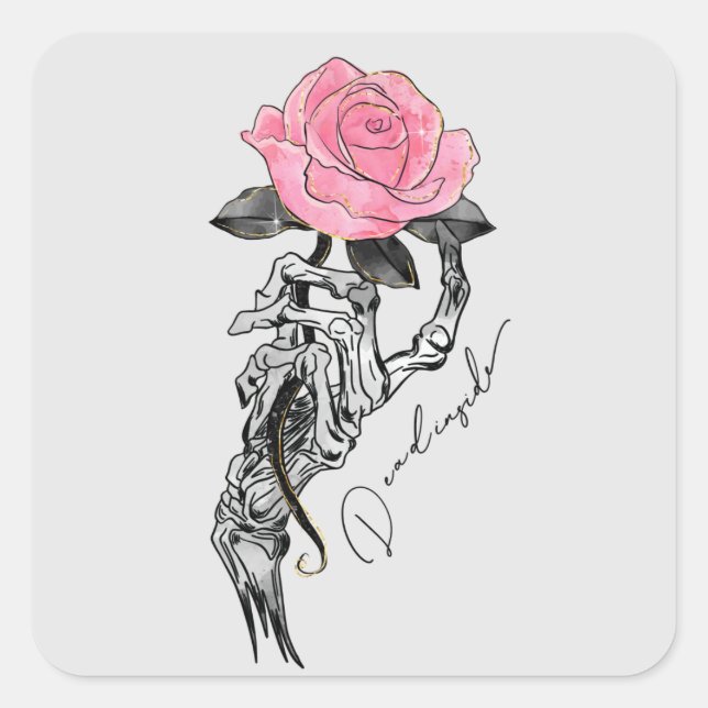 Pegatina Cuadrada Esqueleto De Mano De gótico Con Rosa Rosa Rosa Ros (Anverso)