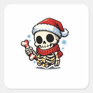 Pegatina Cuadrada Esqueleto de Navidad lindo sosteniendo un bastón d